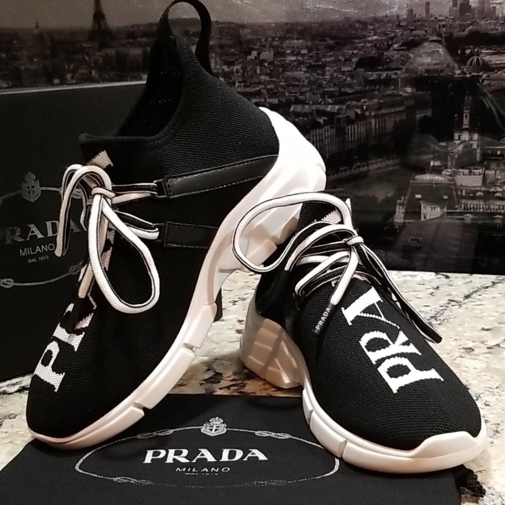 NEW Authentic Prada Logo Knit Sock Sneakers